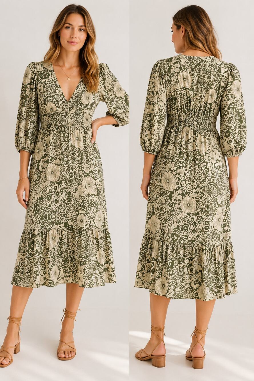 Garance Paris Floral Print Midi Dress Green & Cream Size M Boho Prairie